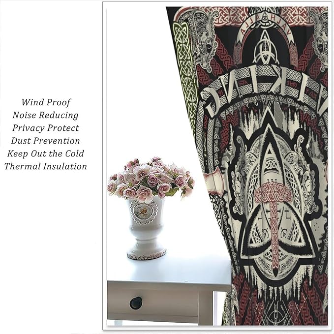 Viking Curtains Nordic Mythology Rune Weapon Antique Viking Pirate Crow Art Pattern Printed Curtains Bedroom Living Room Decoration Blackout Curtains W42 * L54 Inch