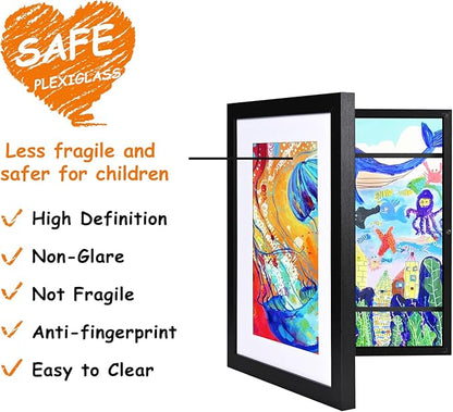 KINLINK A4 Kids Art Frames Set of 2, Solid Wood Kids Artwork Frames Changeable with Acrylic Front Opening Holds 150 Pictures 8.3x11.7, Art Frame for Kids Artwork with Mat or without Mat, Black