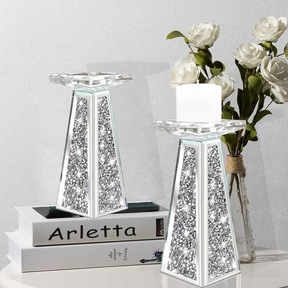 Wocred 2 Piece Candlestick Holders for Holding Pillar Candles, Crystal Crushed Diamond Candle Holders Set Decor for Dinning Room, Silver Glass Votive Candle Holders for Table Centerpiece(8”)