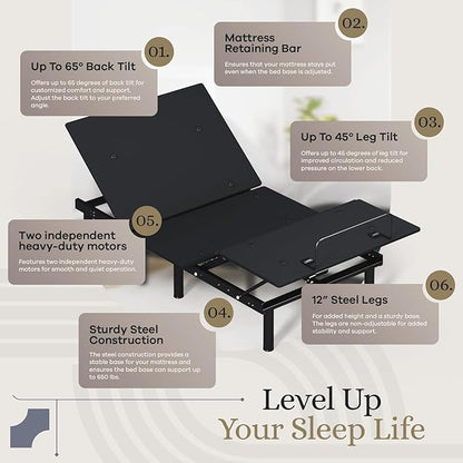 Sven and Son Essential Adjustable Bed Base (Frame Only), Easy Assembly, Head and Foot Lift, Memory Positions, Zero Gravity, Wireless Remote - Twin XL