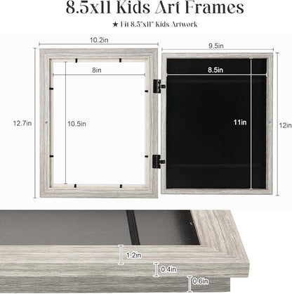 [3-Pack] Kids Art Frames, 8.5x11 Front Opening Kids Artwork Frames Changeable, Grey Wood Grain Artwork Display Storage Frame for Wall, Holds 50 Pcs, for 3D Picture, Crafts, Children Drawing, Hanging