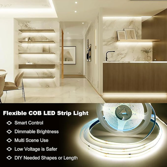DAYBETTER COB Led Strip Light, Led Light Strips with Remote and App, 16.4 ft 4000K Dimmable Natural White Led COB Light Strip, Indoor COB Led Lights for Bedroom, TV, Cabinet, Closet Lighting