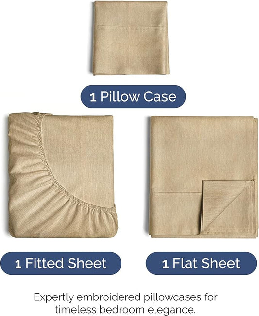 Twin XL Size 3 Piece Sheet Set - Comfy Breathable & Cooling Bed Sheets Set - Hotel Luxury Bedding for Women, Men, Kids, Teens, Boys & Girls - Deep Pockets, Soft & Wrinkle Free - Tan (Heathered Sheets)