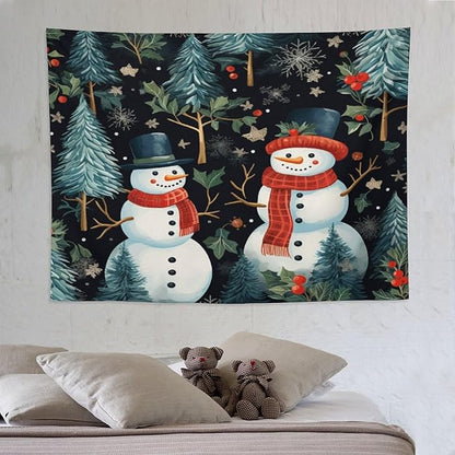 MaSiledy Tapestry Snowman Couple Vintage Aesthetic Tapestry Wall Hanging Winter Snowman Tapestries Wall Art for Home Decor Landscape 60"x80" Holiday Scene Banner for Winter Christmas Party