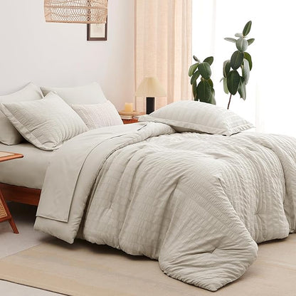 CozyLux Full Size Comforter Sets with Sheets Seersucker 7 Pieces Beige Bed in a Bag Textured Luxury Soft Bedding Set with Down Alternative Comforter, Sheets, Pillowcases & Shams for All Seasons