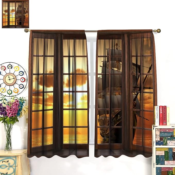 Retro Ship Curtains, Window View Sailing Boat Ship Schooner, Nautical Style Ocean Sunset Landscape Print Blackout Window Drapes for Boys Bedroom Living Room 63x72in