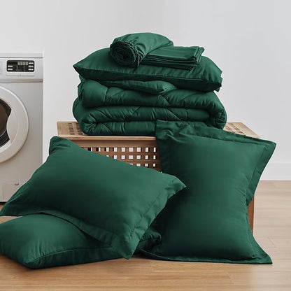 Love's cabin King Size Comforter Set Dark Green, 7 Pieces King Bed in a Bag, All Season Bedding Sets with 1 Comforter, 1 Flat Sheet, 1 Fitted Sheet, 2 Pillowcase and 2 Pillow Sham