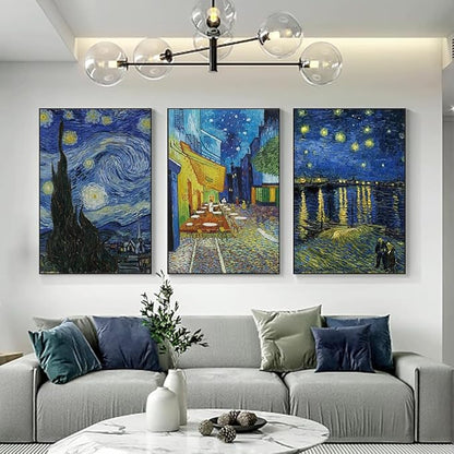 ARTFEB 3 Piece Canvas Wall Art,Classic Van Gogh Artwork Painting Reproduction,Starry Night Over The Rhone Cafe Terrace At Night Giclee Canvas Prints Wall Art for Home Office Decor(Blue, 16" X 24" X 3