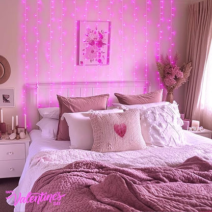 JMEXSUSS 300 LED Curtain Lights Plug in with Remote, 9.8X9.8FT Pink Christmas Lights Indoor, 8 Modes Pink String Lights for Bedroom Window Wall Party Backdrop Xmas Valentine Decorations