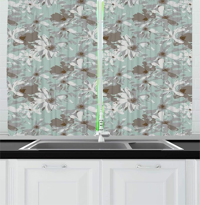 Lunarable Floral Kitchen Curtains, Print of Grunge Effect Blossoming Flowers with Vintage Influences, Window Drapes 2 Panel Set for Kitchen Cafe Decor, 55" X 39", Pale Seafoam Pale Taupe