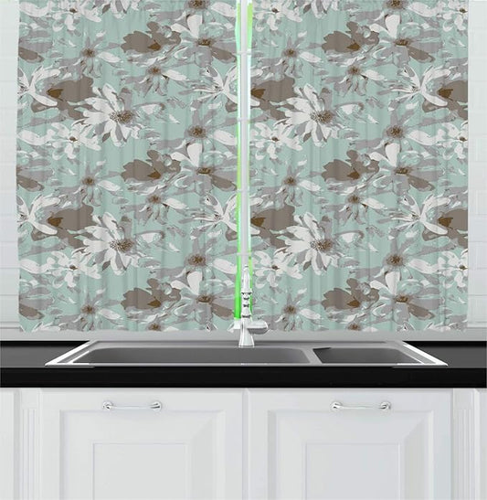 Lunarable Floral Kitchen Curtains, Print of Grunge Effect Blossoming Flowers with Vintage Influences, Window Drapes 2 Panel Set for Kitchen Cafe Decor, 55" X 39", Pale Seafoam Pale Taupe