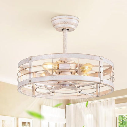 LEDIARY 20 Inch Fandelier Caged Ceiling Fan with Light, Bladeless Ceiling Fan with Remote, Small Farmhouse Fan Lights Ceiling Fixtures for Kitchen, Bedroom-White and Gold