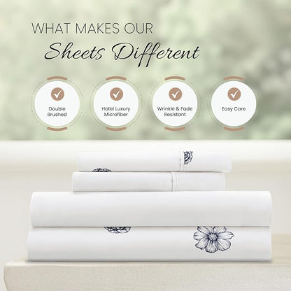 Linen Market 4 Piece King Sheet Set - Breathable, Double-Brushed Patterned Cooling Sheets – Oeko-TEX Certified Ultra Soft & Wrinkle-Free 16" Deep-Pocket King Sheets - Easy Care Indigo Flowers Navy