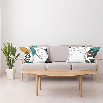 Ambesonne Minimal Throw Pillow Cushion Case Pack of 4, Modern Line Art Woman Portrait Contemporary Leafy Geometric Details, Modern Accent Double-Sided Digital Printing, 18", Teal Dark Purple Mustard