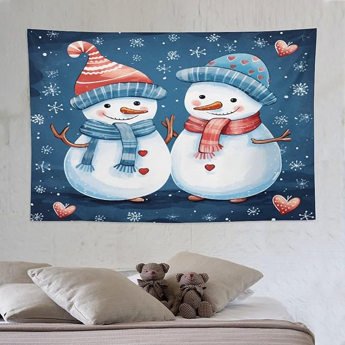 Snowman Couple Tapestries Winter Snowflake Cute Cartoon Funny Snowman Tapestry Vintage Aesthetic Tapestries Landscape Tapestry Bedroom Wall Decor Living Room 60"x90" Christmas Family Party