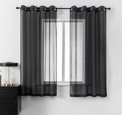 DUALIFE Black Sheer Curtains 54 Inch Length for Basement Windows Set of 2 Panels Grommet Semi Translucent Short Curtains for Small Windows Kitchen Bedroom Bathroom 52x54 Inches Long