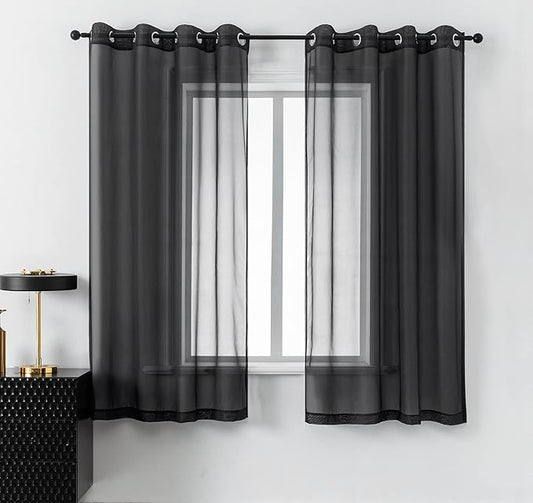 DUALIFE Black Sheer Curtains 54 Inch Length for Basement Windows Set of 2 Panels Grommet Semi Translucent Short Curtains for Small Windows Kitchen Bedroom Bathroom 52x54 Inches Long