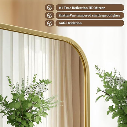 BEAUTYPEAK 26" x 38" Rectangular Aluminum Alloy Frame Wall Mounted Bathroom Mirror with Rounded Corners, Gold