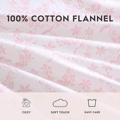 Laura Ashley - Flannel Sheets Queen Size, Anti-Pilling & Wrinkle Resistant Cotton, Touchably Soft for All-Season Comfort - Bed Sheets with Matching Pillowcases & Fitted Sheet (Antoinette Pink)