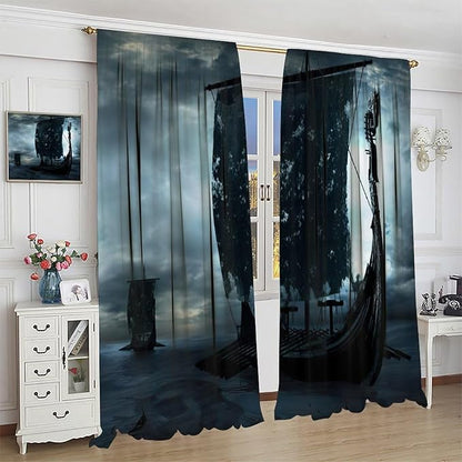 Viking Ship Curtains, Night Scene with Black Vikings Dragon Ship Sailing, Vintage Ancient Scandinavian Nautical Print Blackout Window Drapes for Boys Bedroom Living Room 42x63in