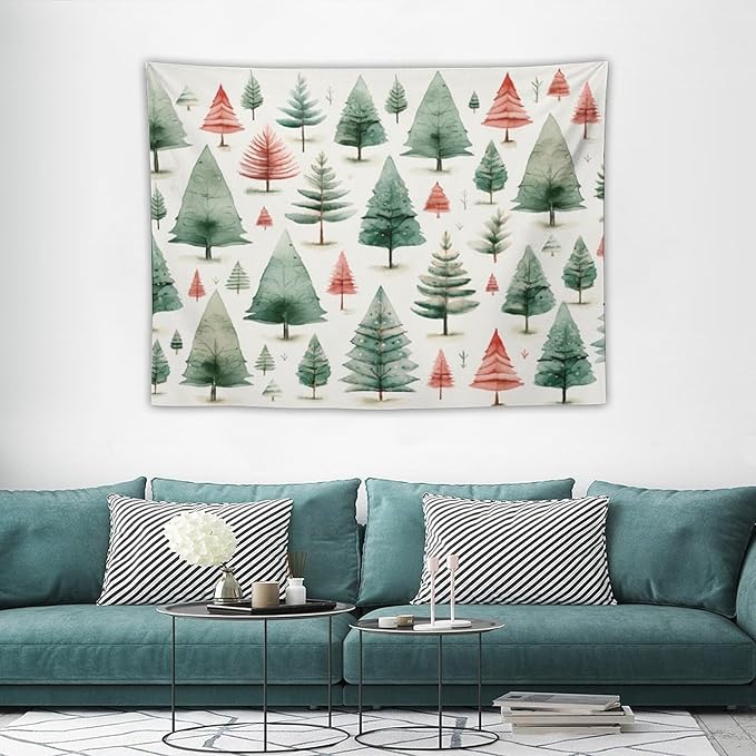 Vintage Christmas Tree Watercolor Tapestries Winter Christmas Wall Hanging Wall Tapestry Aesthetic Landscape Tapestry Wall Decor for Bedroom Living Room Dorm 30"x40" Christmas Family Party