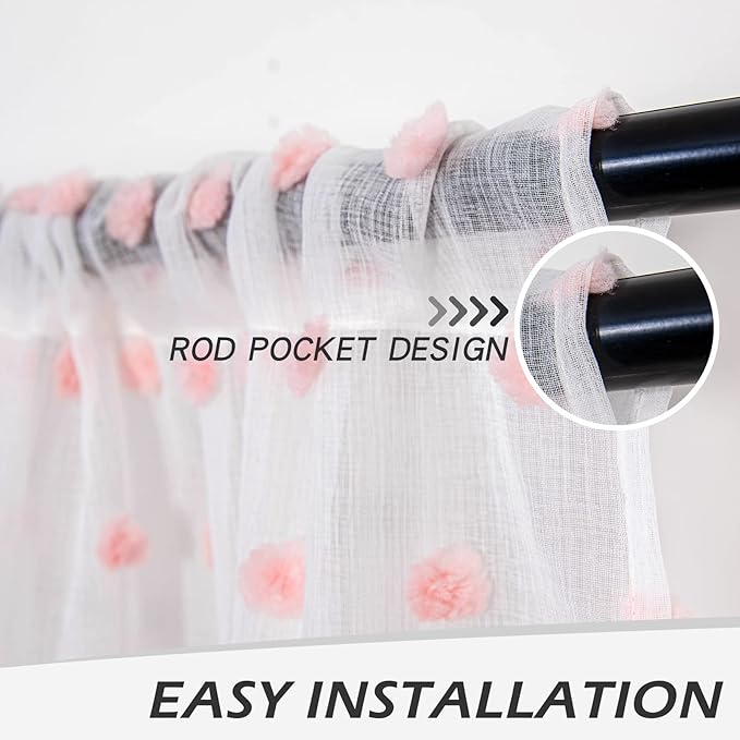 MYSKY HOME Living Room Curtains for Window 120 Inch Length Long Pink Pom Pom Curtains for Bedroom Set of 2 White Sheer Curtains Blush Farmhouse Rod Pocket Parties Backdrops 52" x 120"