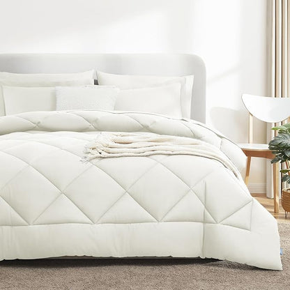 CozyLux Queen Comforter Set Ivory - Bed in a Bag Queen Size 7 Pieces, Luxury Soft Bed Set for All Seasons, Bedding Set with Down Alternative Comforter, Sheets, Pillowcases & Shams
