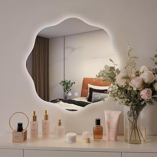 WallBeyond LED Bathroom Mirror with Lights, 20'' Wavy Round Light Up Bathroom Mirror, Anti Fog Led Mirror for Bathroom, 3 Colors and Dimmable Light