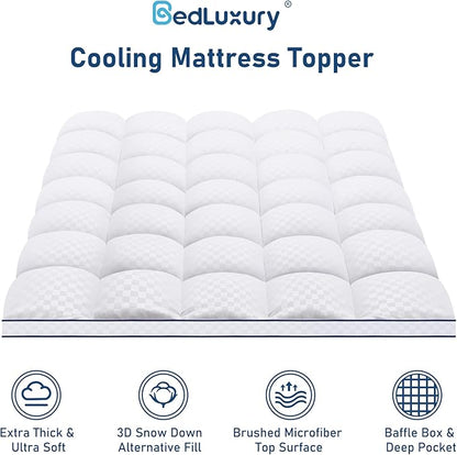 California King Mattress Topper Extra Thick Pillowtop Cooling Mattress Topper Plush Mattress Pad Cover Protector with 8-21 Inch Deep Pocket 3D Snow Down Alternative Fill White
