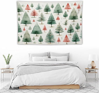 Tapestry Vintage Christmas Tree Watercolor Wall Hanging Wall Tapestry Aesthetic Winter Holiday Tapastry's Wall Hanging Wall Hanging Decor for Bedroom Landscape 60"x90" Christmas Family Party