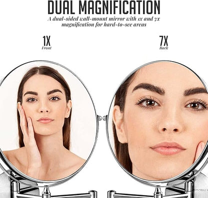 OVENTE 9" Wall Mounted Makeup Mirror with 1X/7X Magnification, Double Sided Magnifying Round Bathroom Vanity Mirror, 360° Swivel Design, Extendable and Folding Arm, Polished Chrome MNLFW90CH1X7X