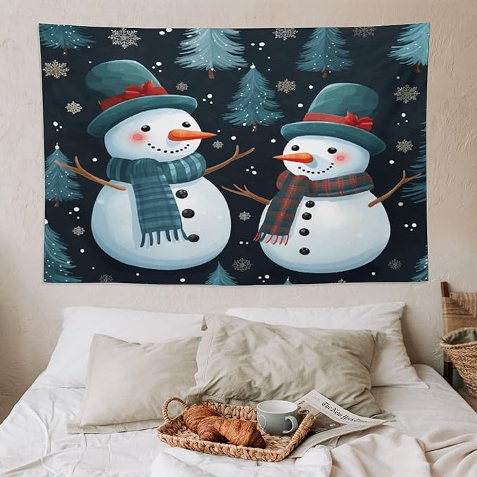 Wall Tapestry Snowman Couple Tapestry Hello Winter Snowman Aesthetic Bedroom Tapestries for Bedroom Colorful Wall Hanging Aesthetic Wall Art For Room Decor 60"x90" Christmas Family Party