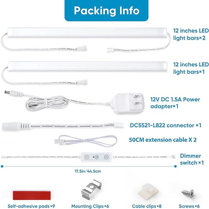 Litever Under Cabinet Lights Plug in, 3 pcs 12 Inches LED Light Strip Bars. Super Bright Dimmable Linkable for Kitchen Under Cabinets Shelf Work Space Desk Closet Lighting. Daylight 5000K