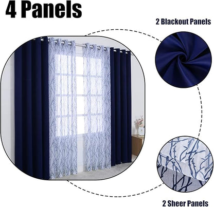BONZER Mix and Match Curtains - 2 Pieces Branch Print Sheer Curtains and 2 Pieces Blackout Curtains for Bedroom Living Room Grommet Window Drapes, 54x63 Inch/Panel, Indigo, Set of 4 Panels