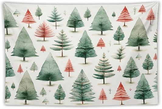Vintage Christmas Tree Watercolor Wall Tapestry Winter Holiday Wall Hanging Wall Tapestry Aesthetic Landscape Tapestry Wall Decor for Bedroom Living Room Dorm 40"x60" Christmas Family Party