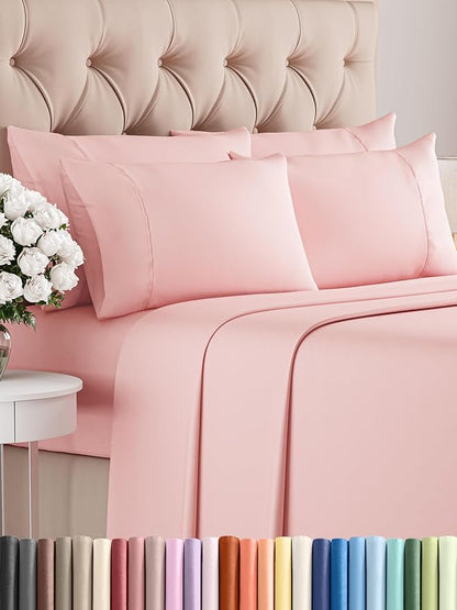 Full 6 Piece Sheet Set - Comfy Breathable & Cooling - Ultra-Soft Hotel Luxury Bedding Set with 8-16 Inch Deep Pockets - 1 Flat & 1 Fitted Sheet & 4 Pillowcases - Wrinkle Free & Easy Care - Baby Pink