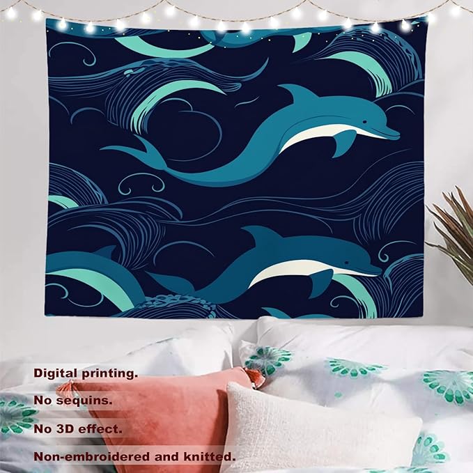 Batmerry Ocean Sea Waves Tapestry, Dolphin Nautical Wall Art Hanging Decoration Polyester Fiber White Ruffled Around for Dorm Room Bedroom Living Room, 51.2x59.1 inches