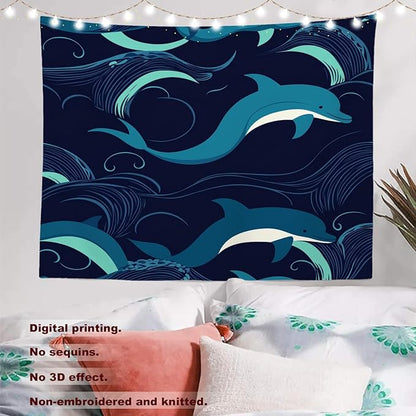 Batmerry Ocean Sea Waves Tapestry, Dolphin Nautical Wall Art Hanging Decoration Polyester Fiber White Ruffled Around for Dorm Room Bedroom Living Room, 51.2x59.1 inches