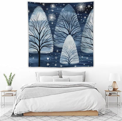 Tapestries Trendy Blue Silver Glitter Tree Christmas Tapestry Xmas Rustic Winter Holiday Tapestry for Bedroom Aesthetic Wall Hanging for Bedroom Living Room Dorm 60"x60" Christmas Family Party