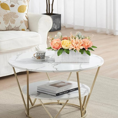 DILATATA Flower Arrangement with Wooden Vase 10" Artificial Flowers in Pot - Fake Flowers in White Rectangular Wooden Vase Potted Faux Flower Centerpieces for Table Decor Living Room - Orange