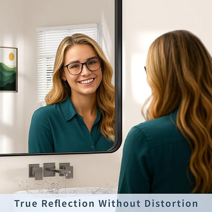 40×30 Black Vanity Mirror for Over Sink - Rectangular Bathroom Mirrors for Wall with Tempered-Glass & Rustproof Metal Frame for Restroom, Rounded Corners, Horizontal/Vertical, Explosion Proof