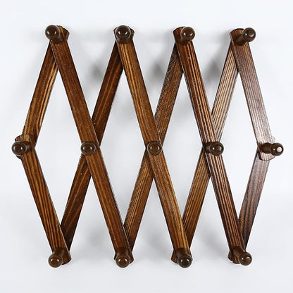 AMAPON Accordion Style Expandable Wall Wooden Coat Rack 13 Hooks (Pegs) Hang Hats Jackets Coffee Mug Purses Necklaces Towels Cap Leash Scarves Data Line Kitchenware (Walnut 2 Pack)