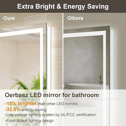 48x28 LED Bathroom Mirror with Lights, Brighter Backlit + Front Lit, Tempered Glass, Dimmable, Multiple Light Modes, Anti-Fog Lighted Bathroom Vanity Mirror for Wall, Memory Function