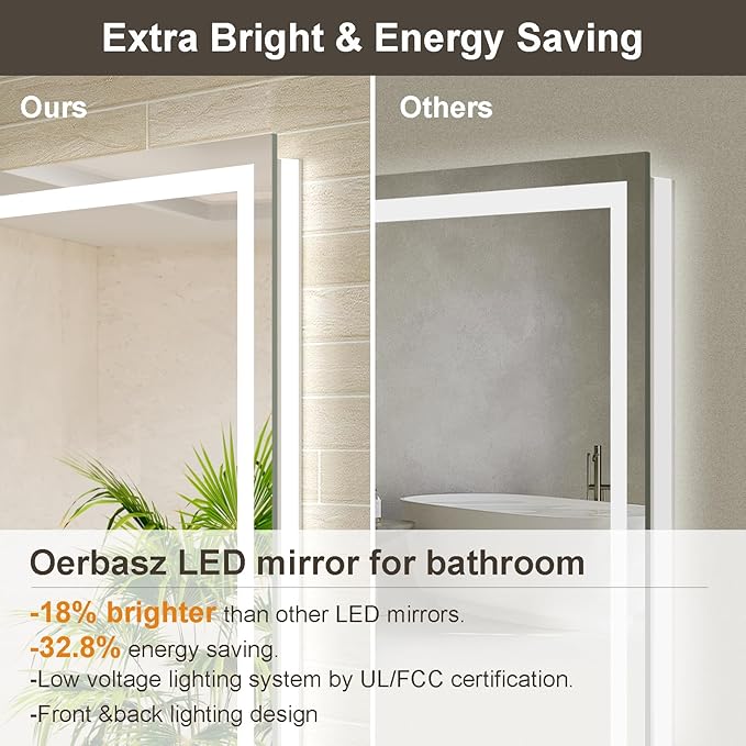 60x30 Large LED Bathroom Mirror with Lights, Brighter Backlit + Front Lit, Tempered Glass, Dimmable, Multiple Light Modes, Anti-Fog Lighted Bathroom Vanity Mirror for Wall, Memory Function