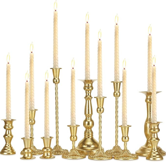 12 Pcs Candlestick Holders Gold Metal Taper Candle Holders Decorative Vintage Modern Table Centerpiece Decorations for Wedding Christmas Anniversary Dinner Party(Gold,Retro Style)
