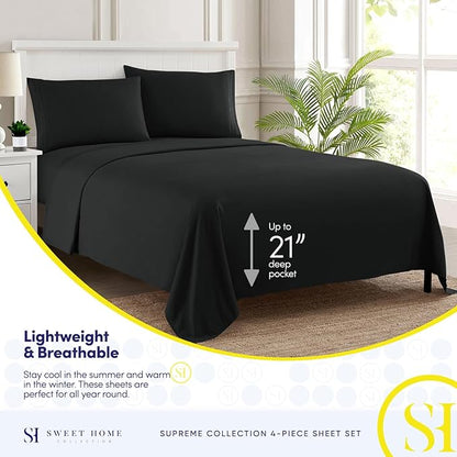 California King Sheet Sets - Breathable Luxury Sheets with Full Elastic & Secure Corner Straps Built In - 1800 Supreme Collection Deep Pocket Bedding, Sheet Set, EXTRA DEEP pocket - Cal King, Black