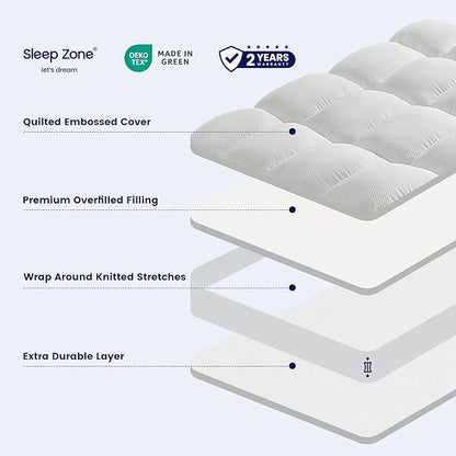 SLEEP ZONE Queen Mattress Protector, Deep Pocket Mattress Pad Cover, Thick Fitted Mattress Topper for Back Pain, Hotel Quality (White, Queen)