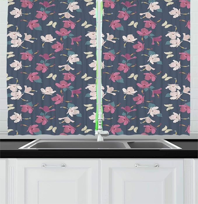 Lunarable Floral Kitchen Curtains, Composition of Hibiscus Flowers and Butterflies, Window Drapes 2 Panel Set for Kitchen Cafe Decor, 55" X 39", Purpleblue Dried Rose Pale Tan and Mustard