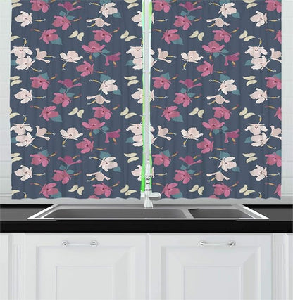 Lunarable Floral Kitchen Curtains, Composition of Hibiscus Flowers and Butterflies, Window Drapes 2 Panel Set for Kitchen Cafe Decor, 55" X 39", Purpleblue Dried Rose Pale Tan and Mustard