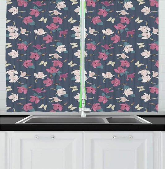 Lunarable Floral Kitchen Curtains, Composition of Hibiscus Flowers and Butterflies, Window Drapes 2 Panel Set for Kitchen Cafe Decor, 55" X 39", Purpleblue Dried Rose Pale Tan and Mustard